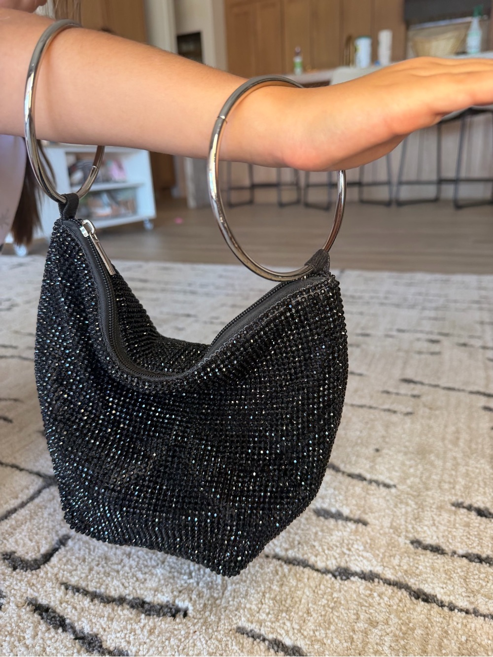 🖤 Black Rhinestone Ring Handle Mini Bag